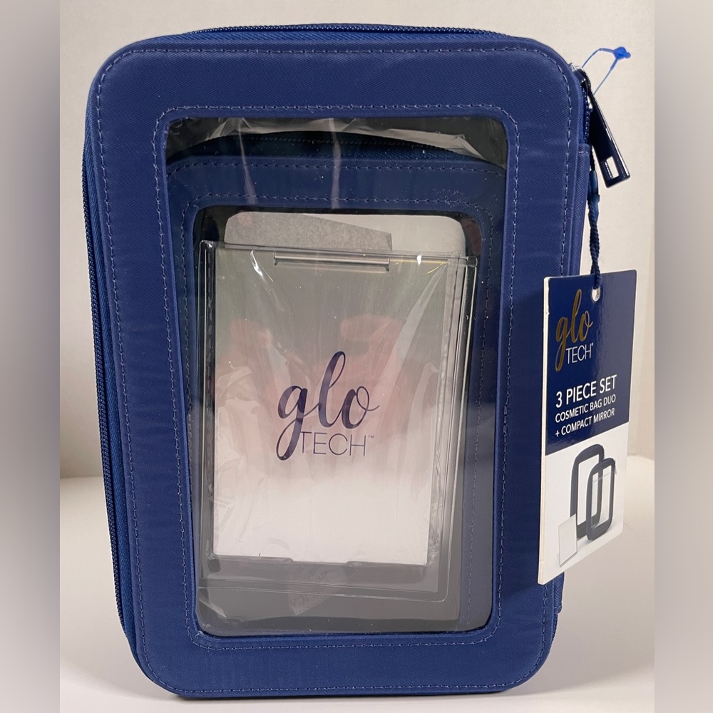 Glo Tech Cosmetic Bag Duo + Compact Mirror – 3-Piece Set (Blue)